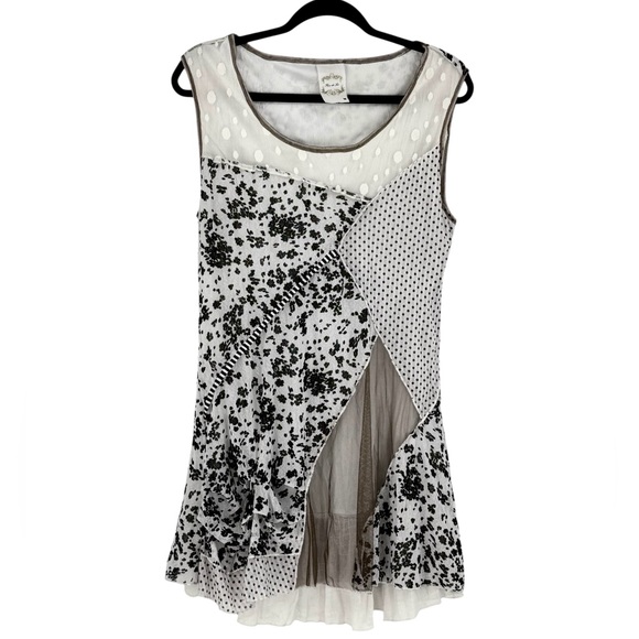 Fleur de Lis Layered Mixed-Print Boho Art Tunic Dress Floral & Polka Dot - Picture 4 of 11